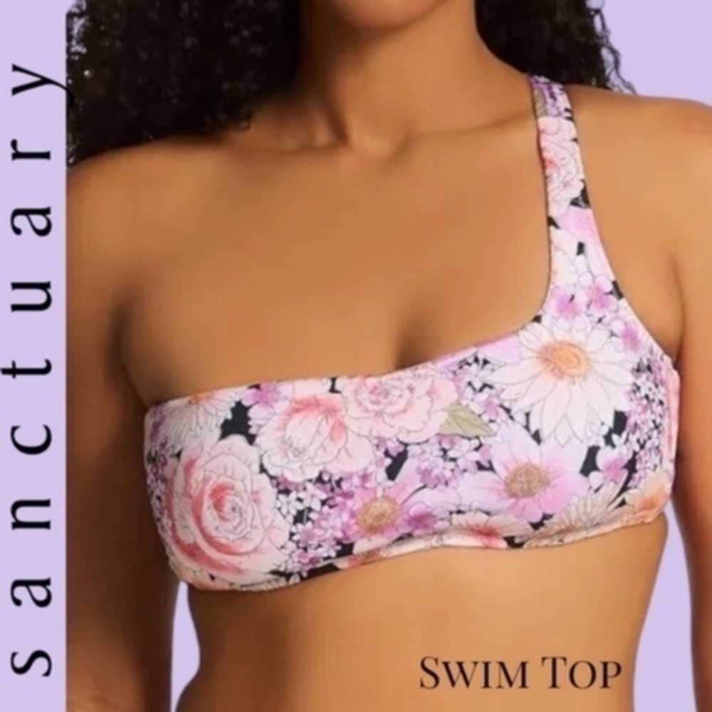 SANCTUARY NWT Petal Pusher One Shoulder Floral Print Bikini Swim Top-MD